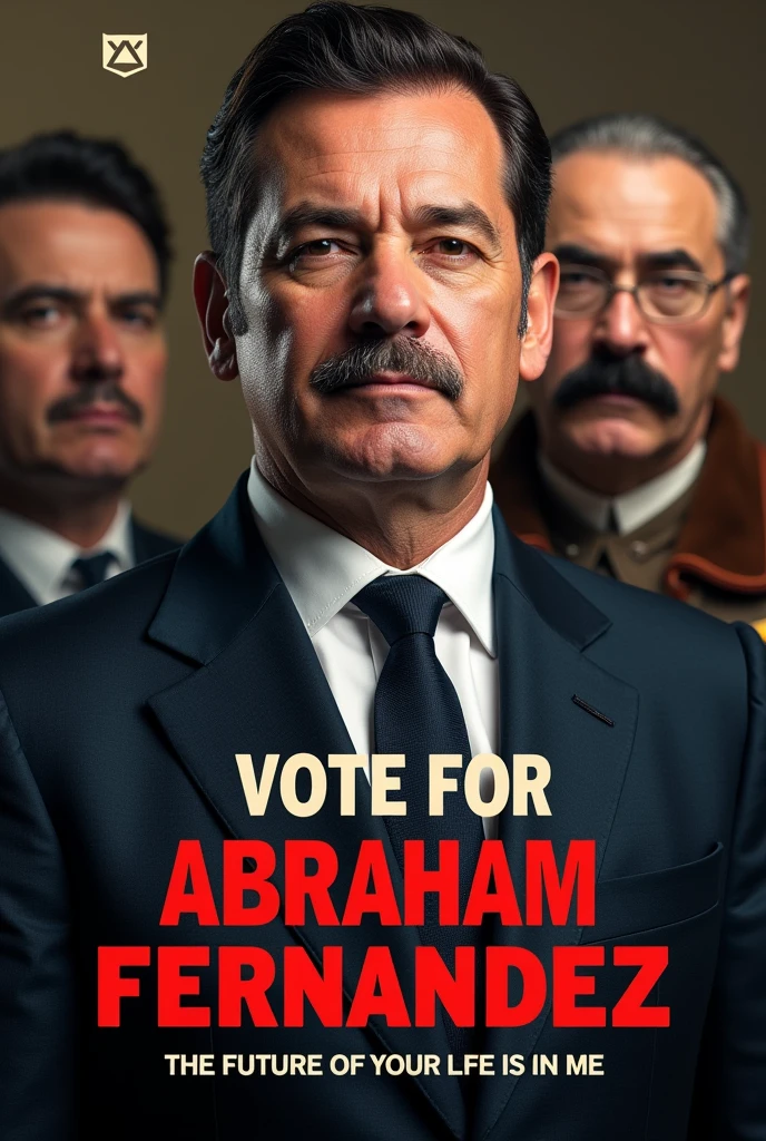 Make a presidential campaign image that says "Vote for Abraham Fernandez" and below say "The future of your life is in me" and in the background an image of Benito Mussolini a politician, Italian military man and dictator