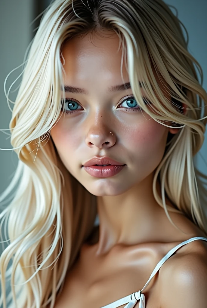 Vr porn, (a closeup:1.4)、(RAW shooting:1.2)、(Photorealsitic:1.4)、(masterpiece:1.3)、(top-quality:1.4)、bright expression、extremely beautyful girl、Extraordinary beautiful girl、Detailed cute and beautiful face、Beautiful bangs、Glowing white shiny skin、facial hairs、Bangs that extend to the face、Bangs between the eyes、Super long hair、Attractive light and dark platinum blonde super long straight silky hainer hair、Attractive glowing beautiful bright clear light blue big eyes、Luxurious dresses、Double eyelids、Lush bust、The upper part of the body、