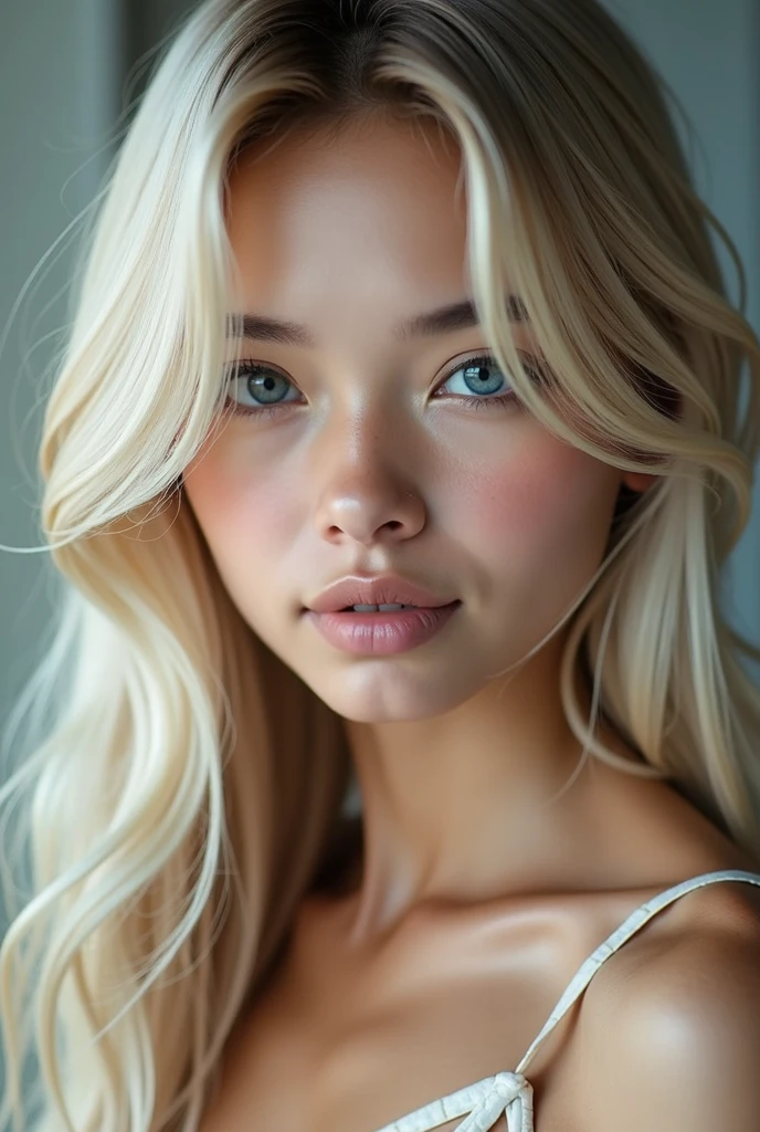 Vr porn, (a closeup:1.4)、(RAW shooting:1.2)、(Photorealsitic:1.4)、(masterpiece:1.3)、(top-quality:1.4)、bright expression、extremely beautyful girl、Extraordinary beautiful girl、Detailed cute and beautiful face、Beautiful bangs、Glowing white shiny skin、facial hairs、Bangs that extend to the face、Bangs between the eyes、Super long hair、Attractive light and dark platinum blonde super long straight silky hainer hair、Attractive glowing beautiful bright clear light blue big eyes、Luxurious dresses、Double eyelids、Lush bust、The upper part of the body、