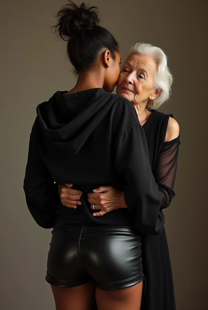 black woman hair in a bun black hoodie black leather short shorts being fucked in the ass by a old grandma in a dress