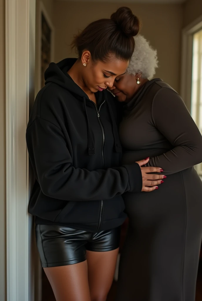 black woman hair in a bun black hoodie black leather short shorts being fucked in the ass by a old grandma in a dress