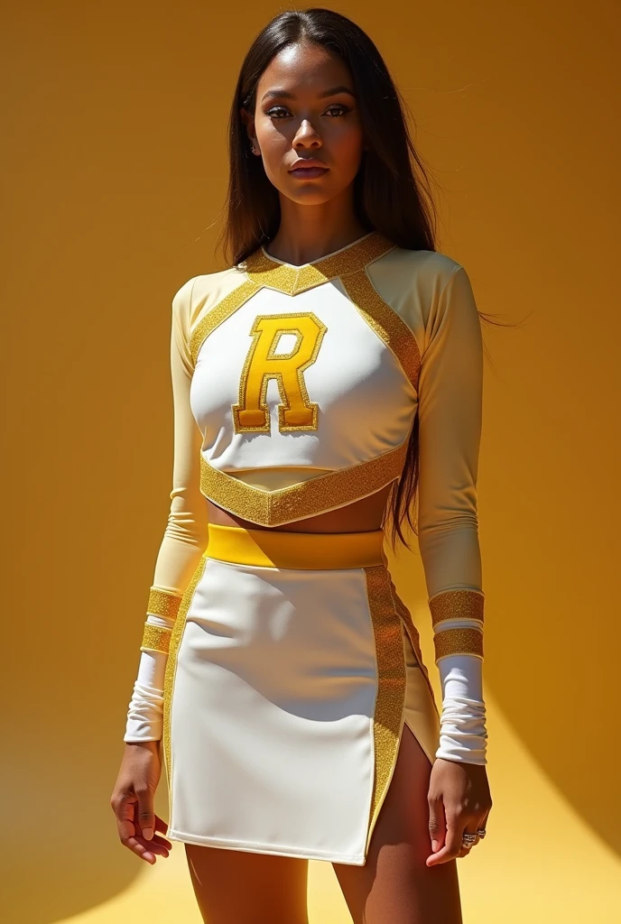 Make a cheerleader suit with gold and white colors longsleeve and not croptop with R symbol make it elegant and beautiful with white socks and gold and brown stripes on it make the skirt look very demure and elegant make it look like beyonce vibes