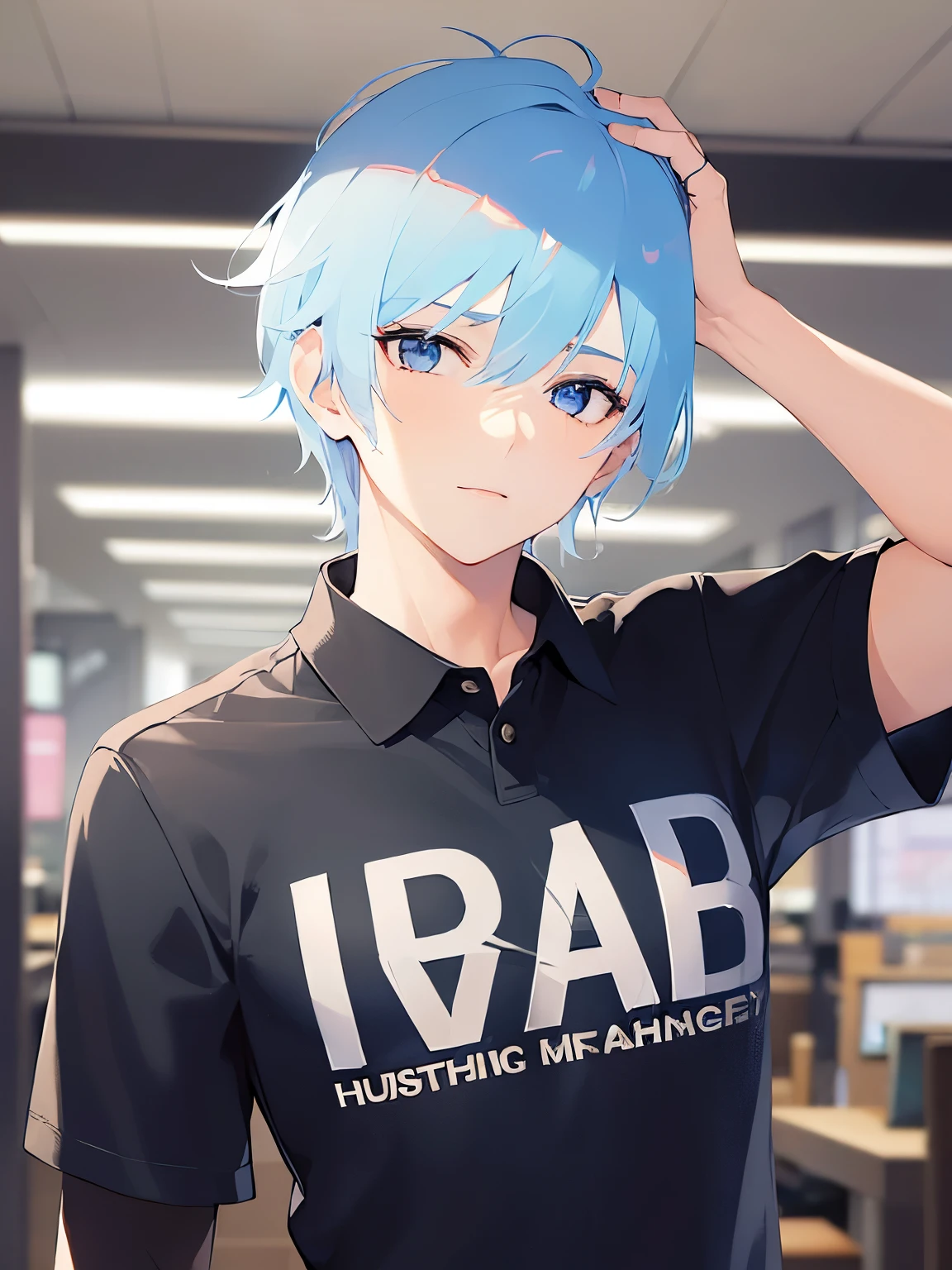 (2 male:1.5) and (Black short hair) and (blue eyes), (arm behind head:1.5),upper body,(looking away:1.5),
shiny skin, masterpiece、Highest quality、
(Polo shirt with black short-sleeved sleeves:1.5),
confused,Are standing、
office、(alone:1.5)