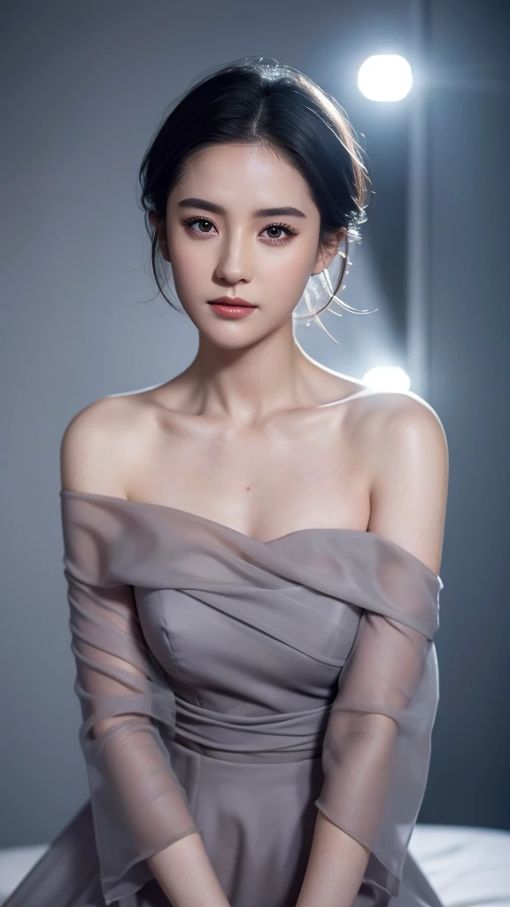 Black off-shoulder suit，Front view，Tyndall light effect，High resolution skin，Realistic skin texture，2 woman，Makeup is exquisite yet natural，Bright eyes，Perfect face，Devil figure，Satisfied expression，short hair，bust，Gray background。