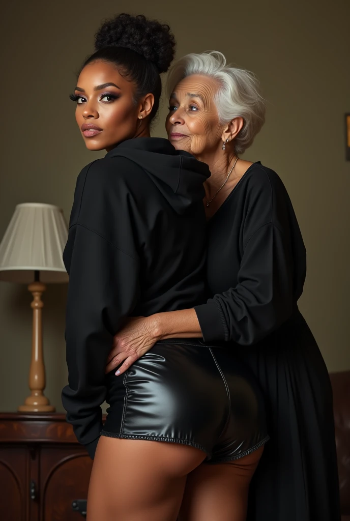 black woman hair in a bun black hoodie black leather short shorts being fucked in the ass by a old grandma in a dress
