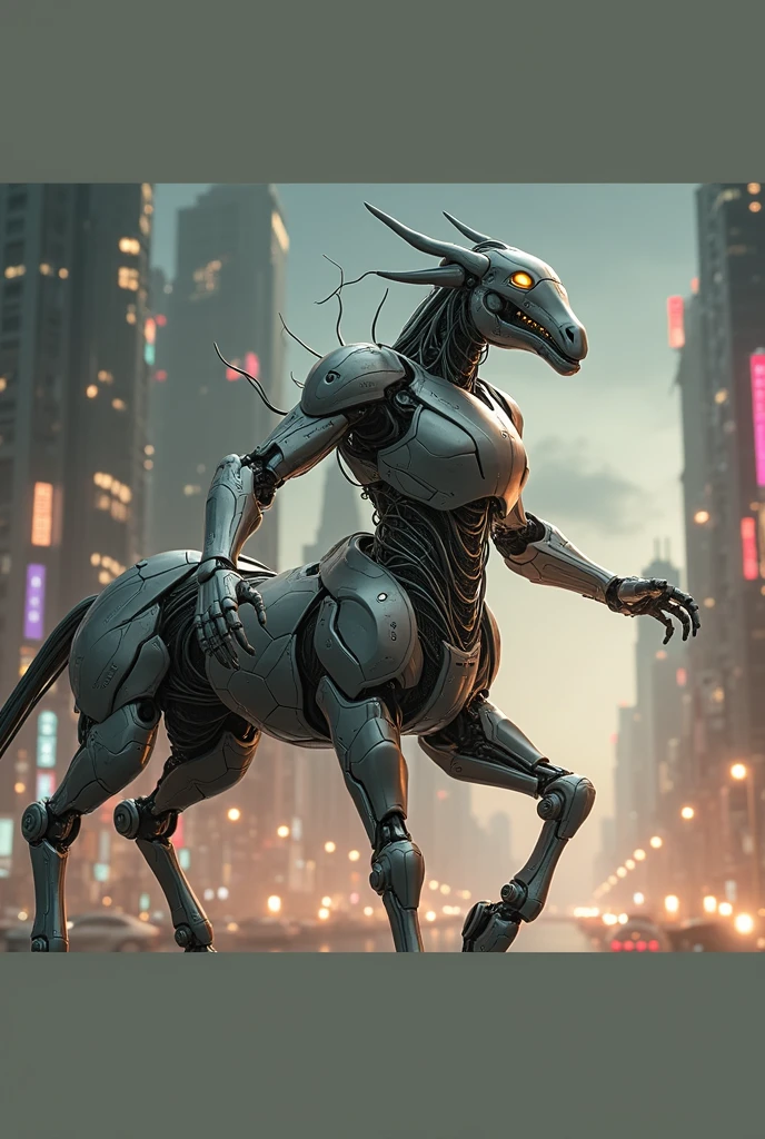 detailed centaur creature, 1 centaur, 3d render, silver armor, cables and wires, neon lights, futuristic city, surreal, cinematic lighting, photorealistic, highly detailed, 8k, best quality, intricate details, mechanical parts, glowing elements, dramatic composition,4k, masterpiece