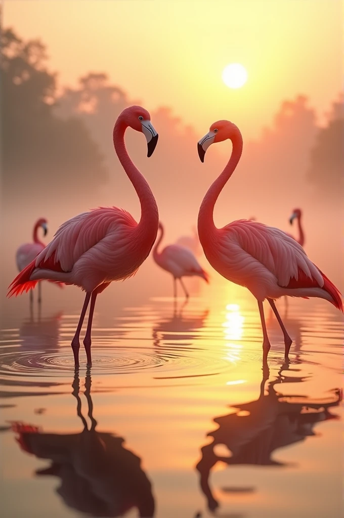 A flock of flamingos gracefully standing in a shallow lagoon at sunset, Their pink feathers gleam in the fading light
