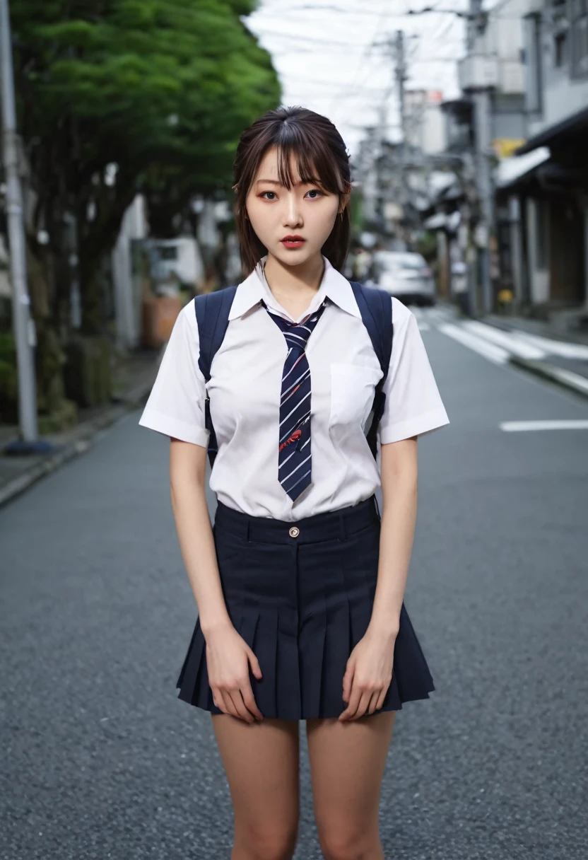 (((Realistic photograph))),, Portraiture, (Scary face:1.3),, beautiful girl, View your viewers, , (school uniform:1.2), Buttoned shirt and trousers, , (Cleavage:1),, On the streets of Japan, (Environment details:1.3),, (RAWphotograph, CG unity, photograph, ultra Realistic details, Sharp focus, Detailed skin,4K, High resolution, masterpiece, Highest quality, Realistic, Vibrant:1.2),, (8k,4K, 超High resolution, High resolution, Professional, movieのような, movie, dramatic),, (Anamorphic depth of field blur background), Detailed Background,