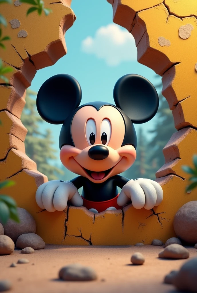 An image of a cute Mickey Mouse coming out of a cracked hole 