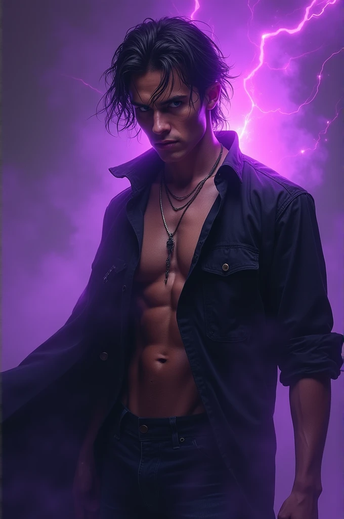 Young RPG villain with ripped shirt, with power of darkness, some purple rays coming out of it, as if he had reached the peak of power
