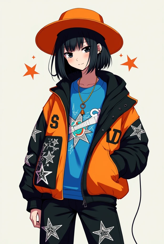 Character with an orange hat with black hair that has black eyes and a blue guitar shirt and a black sweatshirt with black pants with white stars and pale skin