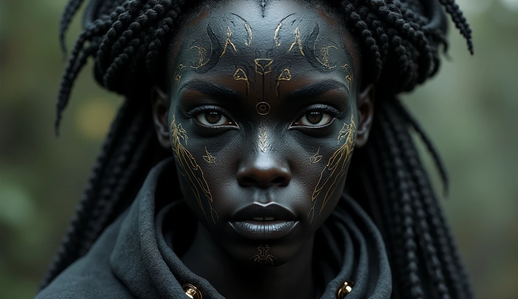 a close up of a woman with tattoos on her face, dark elf, fractalpunk, braided intricate hair, matte painting portrait shot, beautiful female android, pitchblack skin, she is dressed in shaman clothes, tattooed face, cryptopunk, heavy makeup