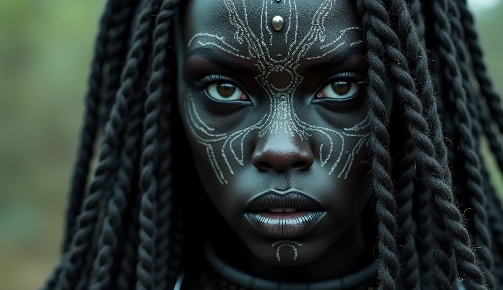 a close up of a woman with tattoos on her face, dark elf, fractalpunk, braided intricate hair, matte painting portrait shot, beautiful female android, pitchblack skin, she is dressed in shaman clothes, tattooed face, cryptopunk, heavy makeup