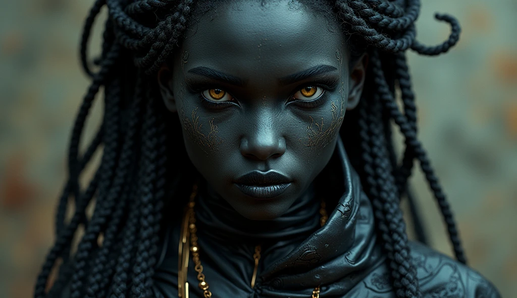 a close up of a woman with tattoos on her face, dark elf, fractalpunk, braided intricate hair, matte painting portrait shot, beautiful female android, pitchblack skin, she is dressed in shaman clothes, tattooed face, cryptopunk, heavy makeup