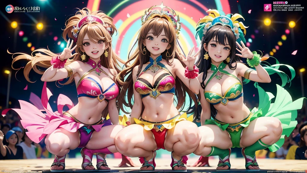 Masterpiece, ultra high quality anime style illustration, 8K, Samba Carnival in Rio de Janeiro. Very cute dancer 1, two pretty girls, joyful smiles, squatting and resting, highly detailed faces, brown eyes, pink lips, natural make-up, flashy colorful outfits, revealing costumes, cleavage, visible navel, healthy thighs, beautiful legs.