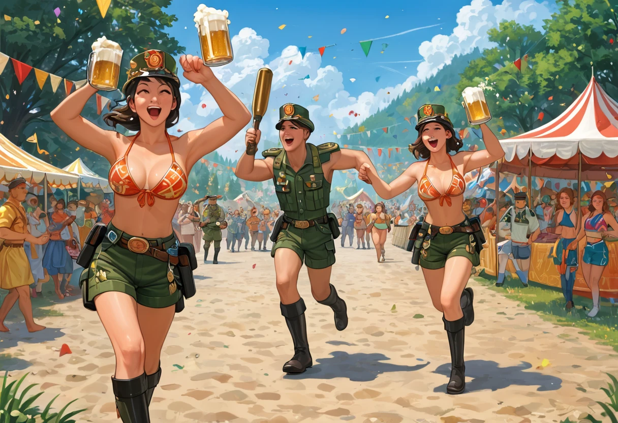 (masterpiece:1.5), (bestquality), (highlydetailed), 1boy , (full gear soldiers:1.5), (running), (beside him: girl in bikini top and shorts:1.2), (both holding large beer mugs), (cheerful expressions), (Oktoberfest setting:1.4), (soldiers lining the street), (soldiers clapping and cheering), (festive atmosphere), (colorful festival decorations), (beer tents in the background), (traditional Bavarian elements), (celebration scene), (bright and warm lighting), (dynamic motion), (motion blur effect), (festival energy), (crowd enjoying the event),