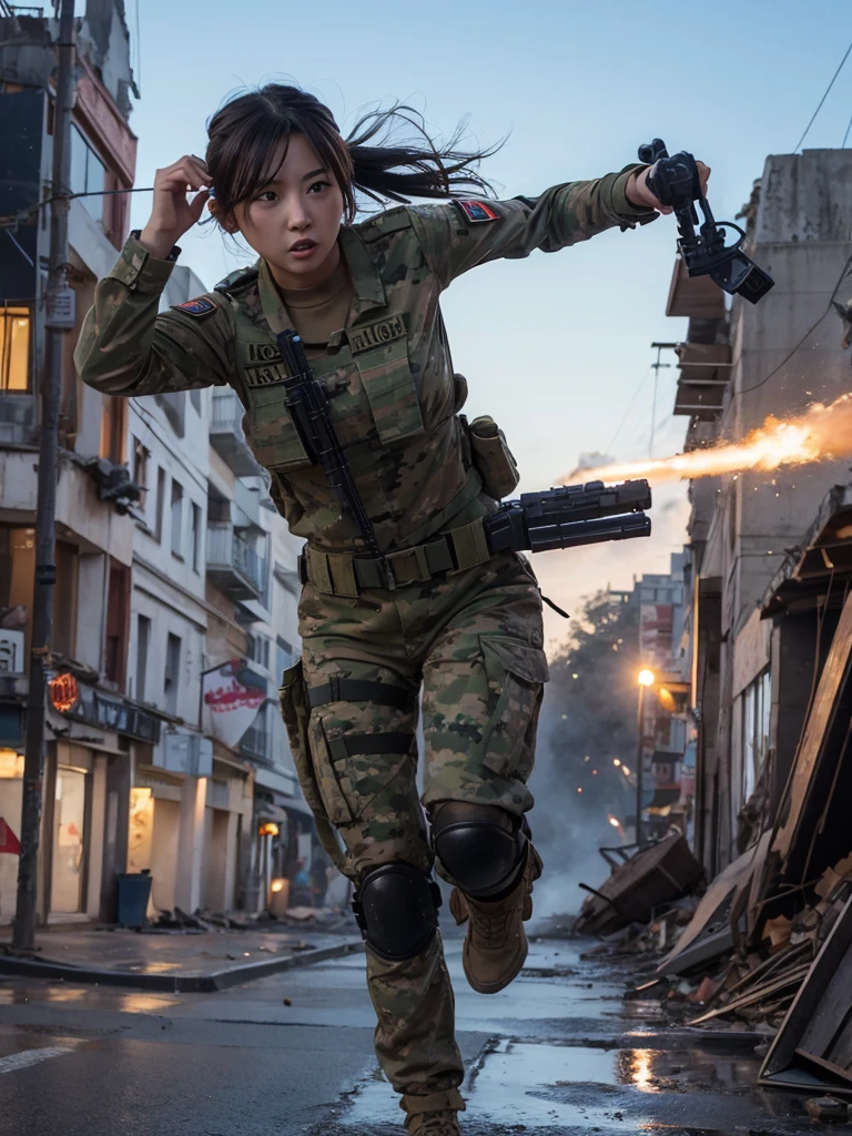 Female soldier running with machine gun fighting in a city completely destroyed by war,Heavy breathing,