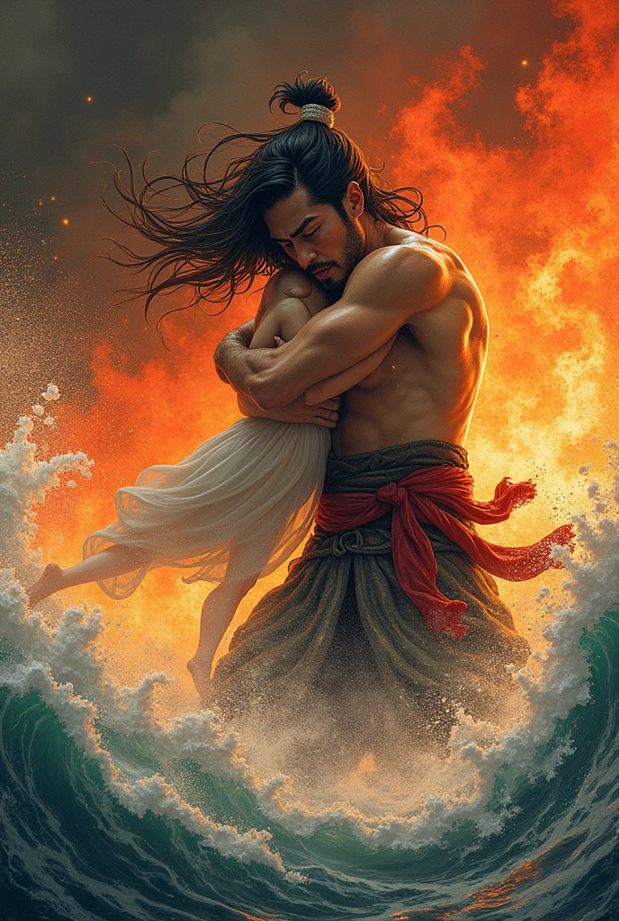 クシナダ姫を抱き抱えて助ける素戔嗚god　The background is a sea of flames　日本のgod話　god々Shii　Lying Serpent