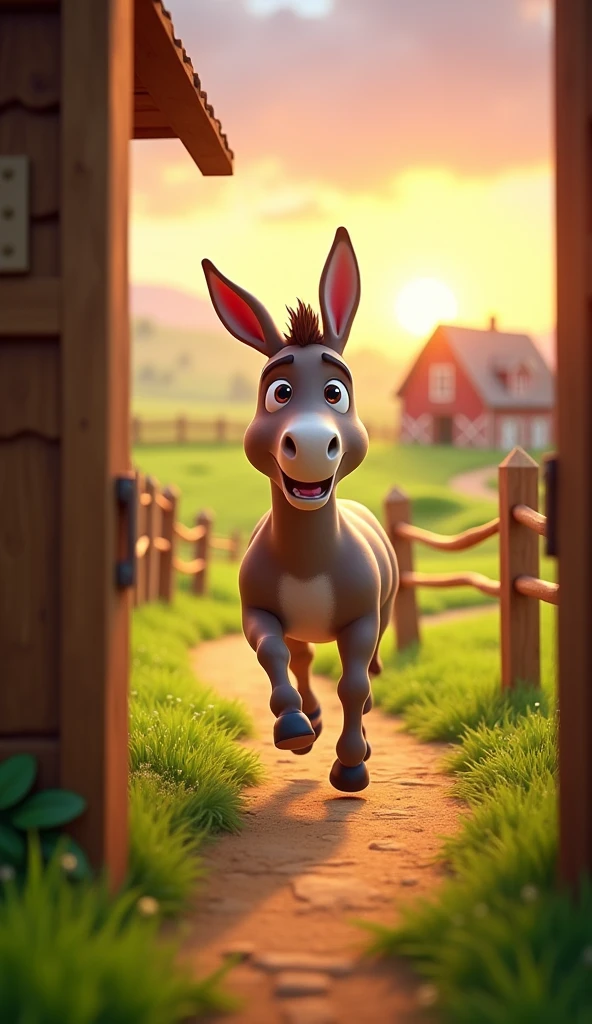 Draw a donkey rushing out of the stable towards the field on a farm. The farm should be picturesque and detailed, with green fields and a sunrise sky with soft orange and pink tones, in a 3D animated style.