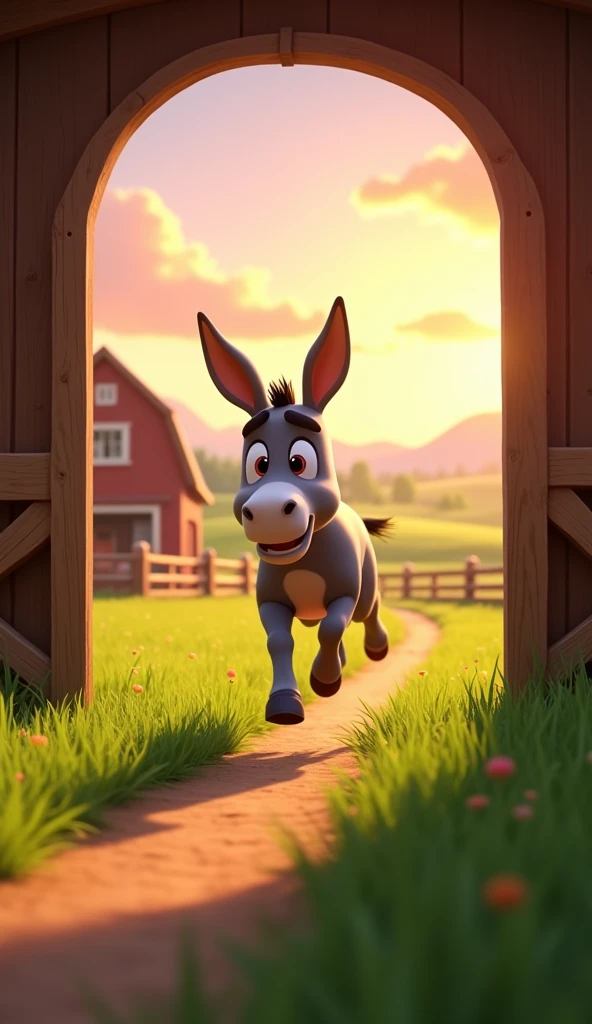 Draw a donkey rushing out of the stable towards the field on a farm. The farm should be picturesque and detailed, with green fields and a sunrise sky with soft orange and pink tones, in a 3D animated style.