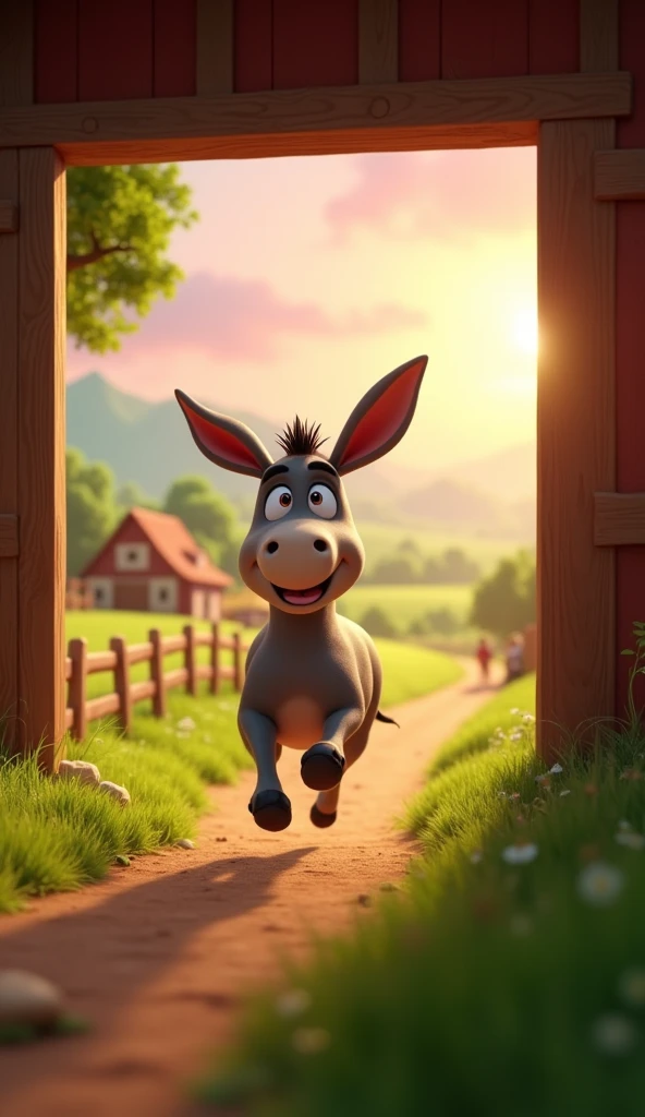 Draw a donkey rushing out of the stable towards the field on a farm. The farm should be picturesque and detailed, with green fields and a sunrise sky with soft orange and pink tones, in a 3D animated style.
