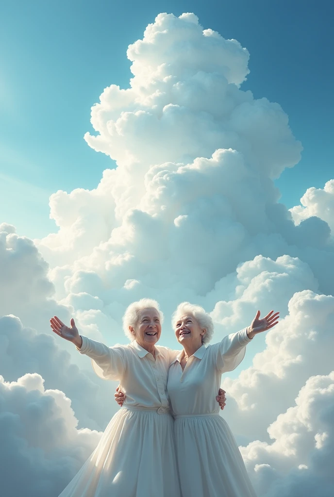 Between white cumulonimbus clouds, an elderly couple with their arms open facing each other and smiling, formed by clouds 