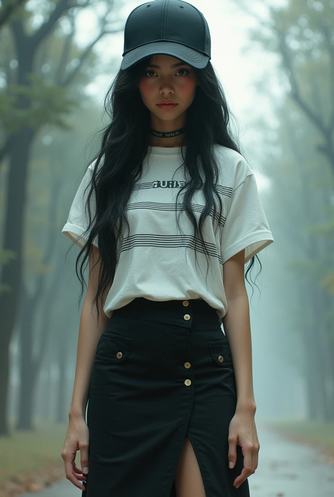 Create a full-body girl and visualize everything, even his shoes,with black hair and a black cap on his head, with a white shirt with horizontal stripes,black, type kurt cobain t-shirt,with a black skirt. agregale magical realism.