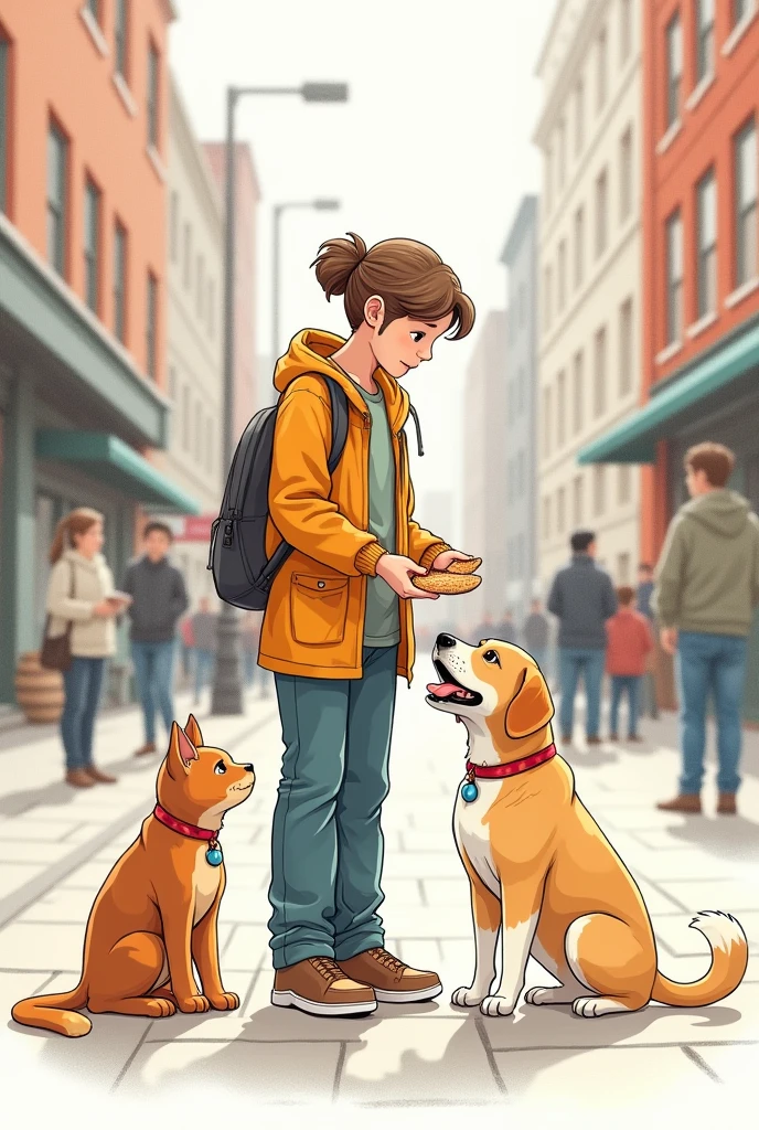 drawing of a human being feeding a dog and a cat on the street