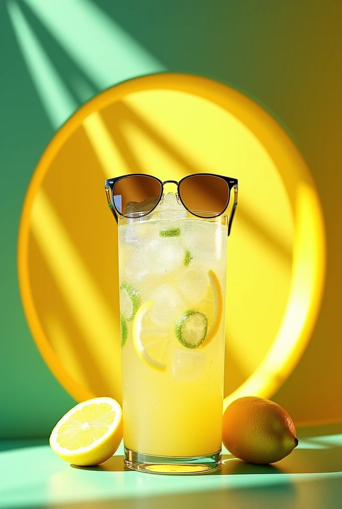 A glass of lemonade with ice with sun glasses in a green and yellow circle
