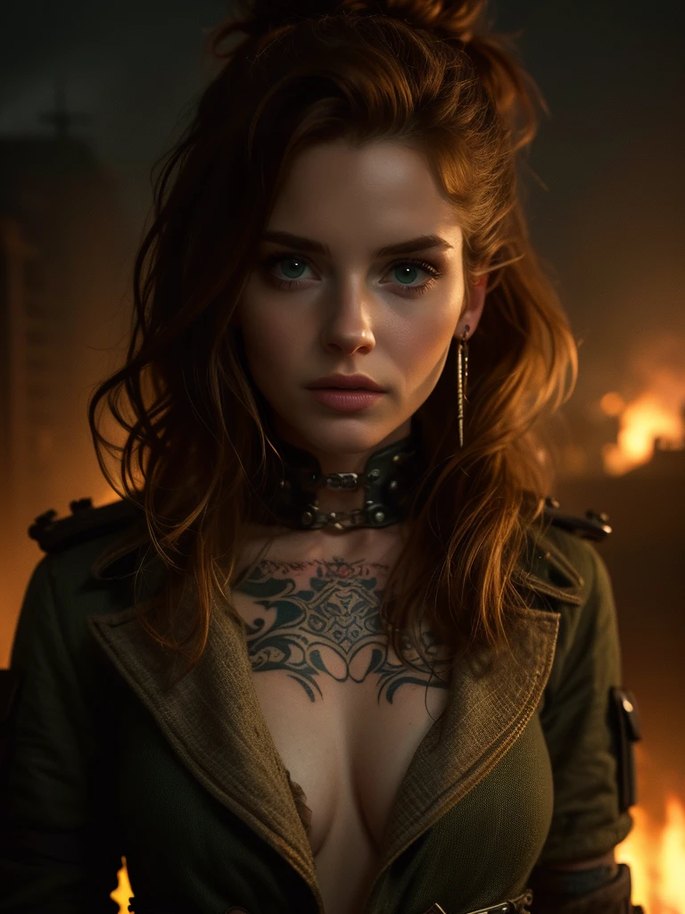 very detailed, 16K high resolution, incredibly detailed image, cinematic, best quality, masterpiece, realistic, detailed face, detailed background, dramatic lighting, A girl, 2, she is alone, beautiful, natural ginger hair, straggly and messy wavy hair. Extremely detailed facial expressions with sharp and piercing green eyes. A delicate, slightly cheeky face, subtly made up. ((She is tattooed and pierced, large tubes in her ears.)), She has (very small breasts) and a slim figure, in good shape. Dark lighting conditions, the world is destroyed after a war (end-time mood like in Mad Max). She is in an old destroyed city. Flames and clouds of smoke in the background.  Her outfit is similar to the outfit of Jinx, from the series Arcane. She has a belt around her waist.