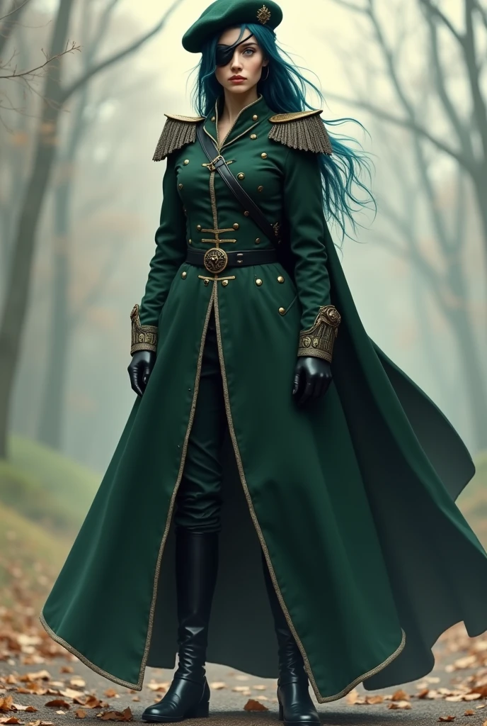 Create a full body medieval style PNG of a woman in a dark green General's costume, has dark blue hair and is wearing a beret hat the same color as the outfit, wears black boots and has a black eye patch over his right eye on his face.
