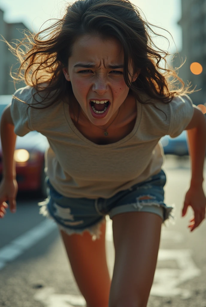 Girl as running and car running and closeup shorts and broken heart and cry girl