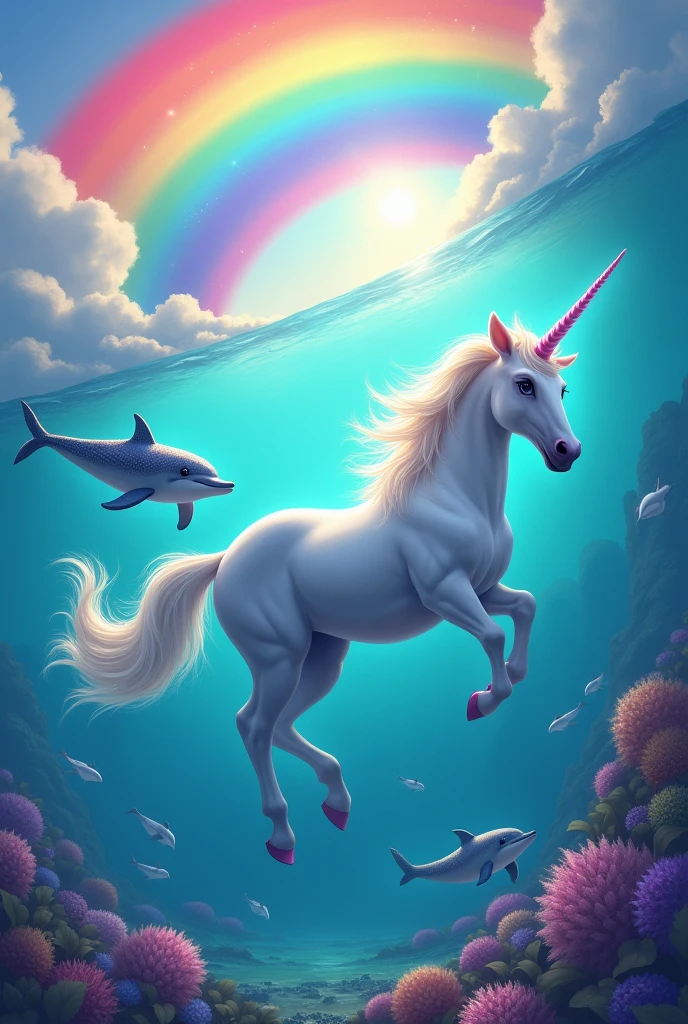 unicorn and dolphins and rainbow