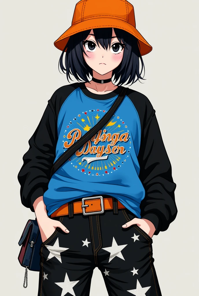 Character with an orange hat with black hair that has black eyes and a blue guitar shirt and a black sweatshirt with black pants with white stars and pale skin