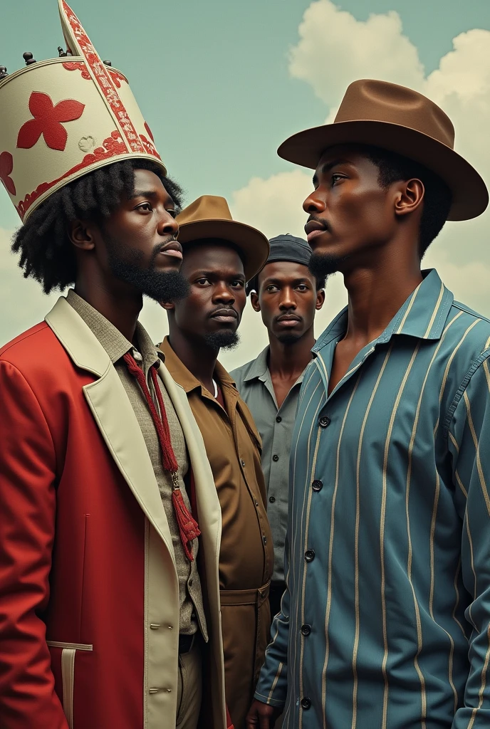 A man in a suit and a white and red hat A candomblé ialorixá A cowboy man in a leather hat A sailor man in a blue and white striped shirt with a cap.