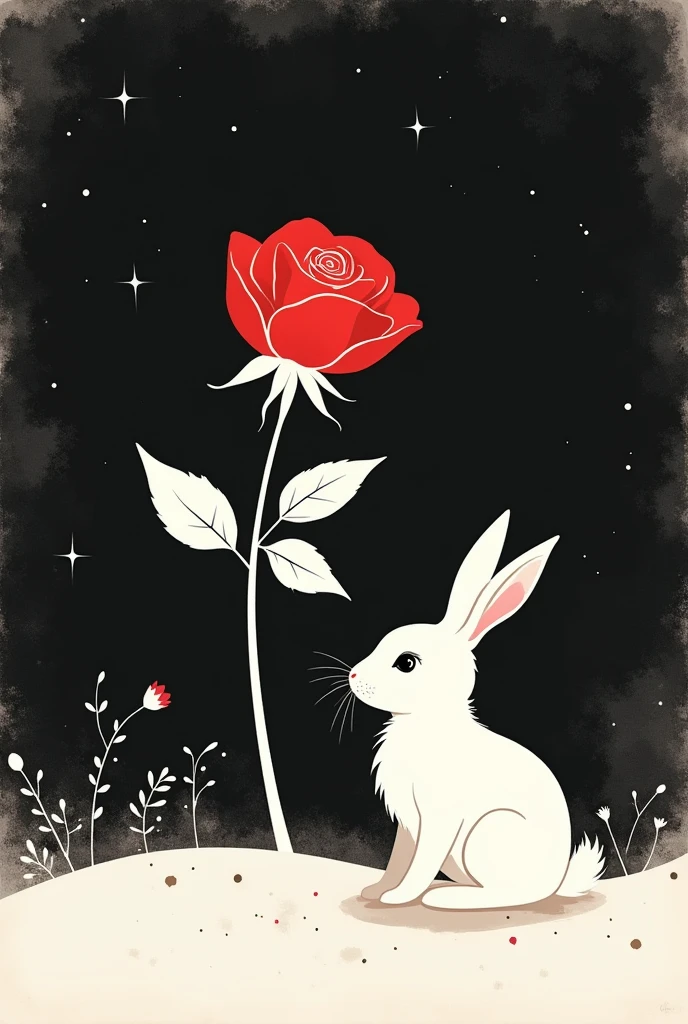 A minimalist silhouette design of a rose and a rabbit in a black and white gradient background.
The rose should be a classic, elegant rose with a long stem and delicate petals. The rabbit should be a cute and fluffy rabbit with long ears.
The silhouette should be sharp and clean, with a slight blur effect to create a dreamy atmosphere. The background should be a gradient from black to white, with a subtle texture to add depth.
Please make the design elegant and romantic, with a touch of vintage charm.
For example, the rose could be a classic red rose with a long stem and delicate petals. The rabbit could be a fluffy white rabbit with long ears and a playful expression. The background could be a gradient from black to white, with a subtle texture like a starry night sky.