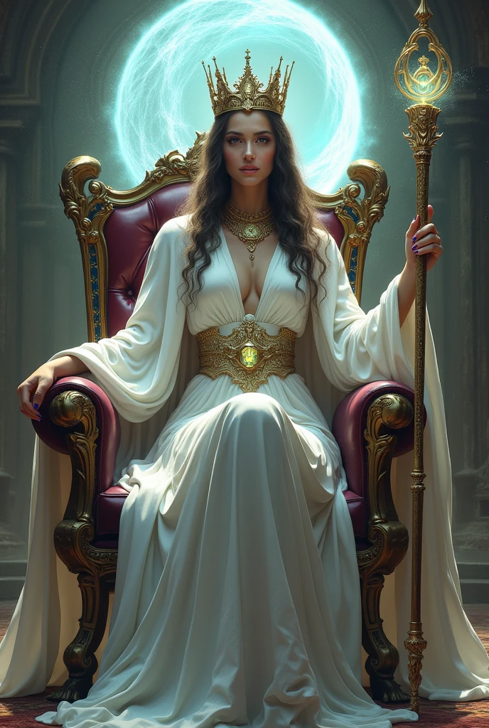 a woman dressed as a sorceress, long white robe. with a setro in her hand, with her crown on her head, perched on a beautiful throne, behind her she has a portal open to another dimension.