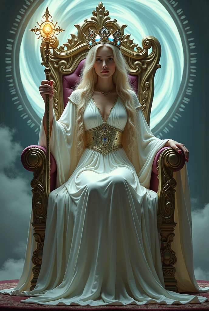 a woman dressed as a sorceress, long white robe. with a setro in her hand, with her crown on her head, perched on a beautiful throne, behind her she has a portal open to another dimension.