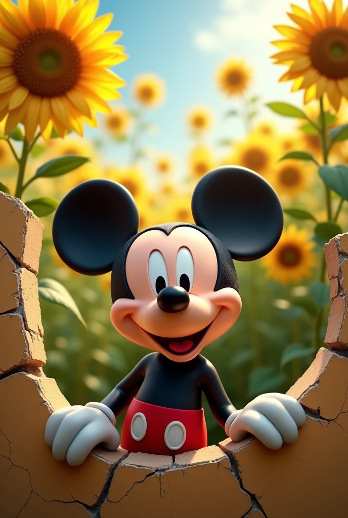 An image of a cute Mickey Mouse coming out of a cracked hole with a sunflower background