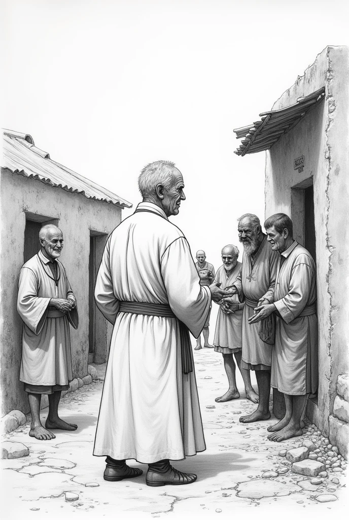 AN IMAGE ILLUSTRATED WITH BLACK AND WHITE PENCIL, FROM A PRIEST TURNING HIS BACK, old, GRAY-HAIRED AND THIN BUT VERY KIND, HELPING THE POOR