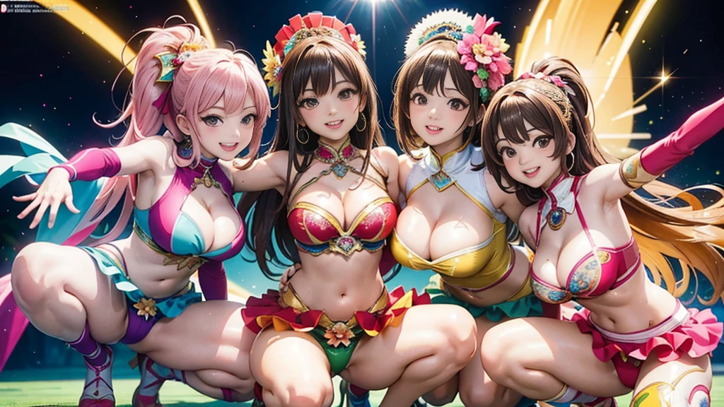 Masterpiece, ultra high quality anime style illustration, 8K, Samba Carnival in Rio de Janeiro. Very cute dancer 1, two pretty girls, joyful smiles, squatting and resting, highly detailed faces, brown eyes, pink lips, natural make-up, flashy colorful outfits, revealing costumes, cleavage, visible navel, healthy thighs, beautiful legs.