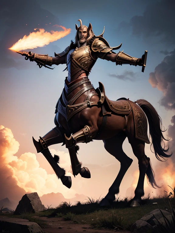 (ultra detailed, absolutely resolution, best quality:1.3), 2.5D, Centaur, the upper body of a strong, handsome warrior, and the lower body of a horse, wearing armor, delicate and dynamic effects. Centaur body. Horse legs, man arms. Half man half horse 