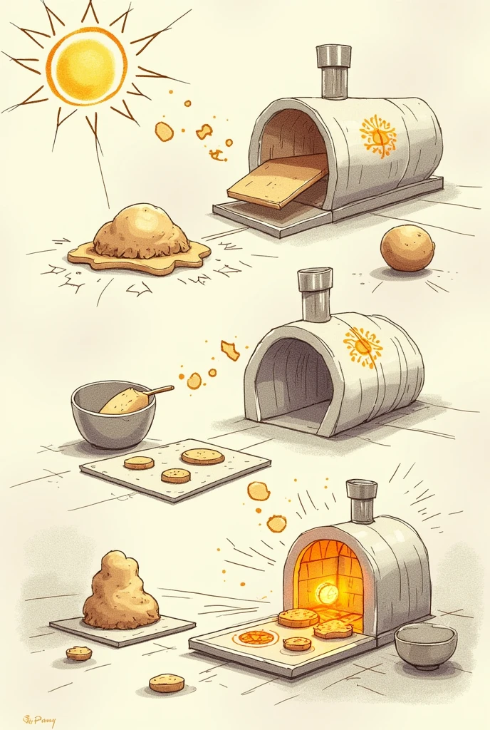 Make a sketch showing how the dough is shaped and filled with a solar-powered cookie cutter., and then baked in a solar oven that concentrates the radiation to reach the necessary temperatures..