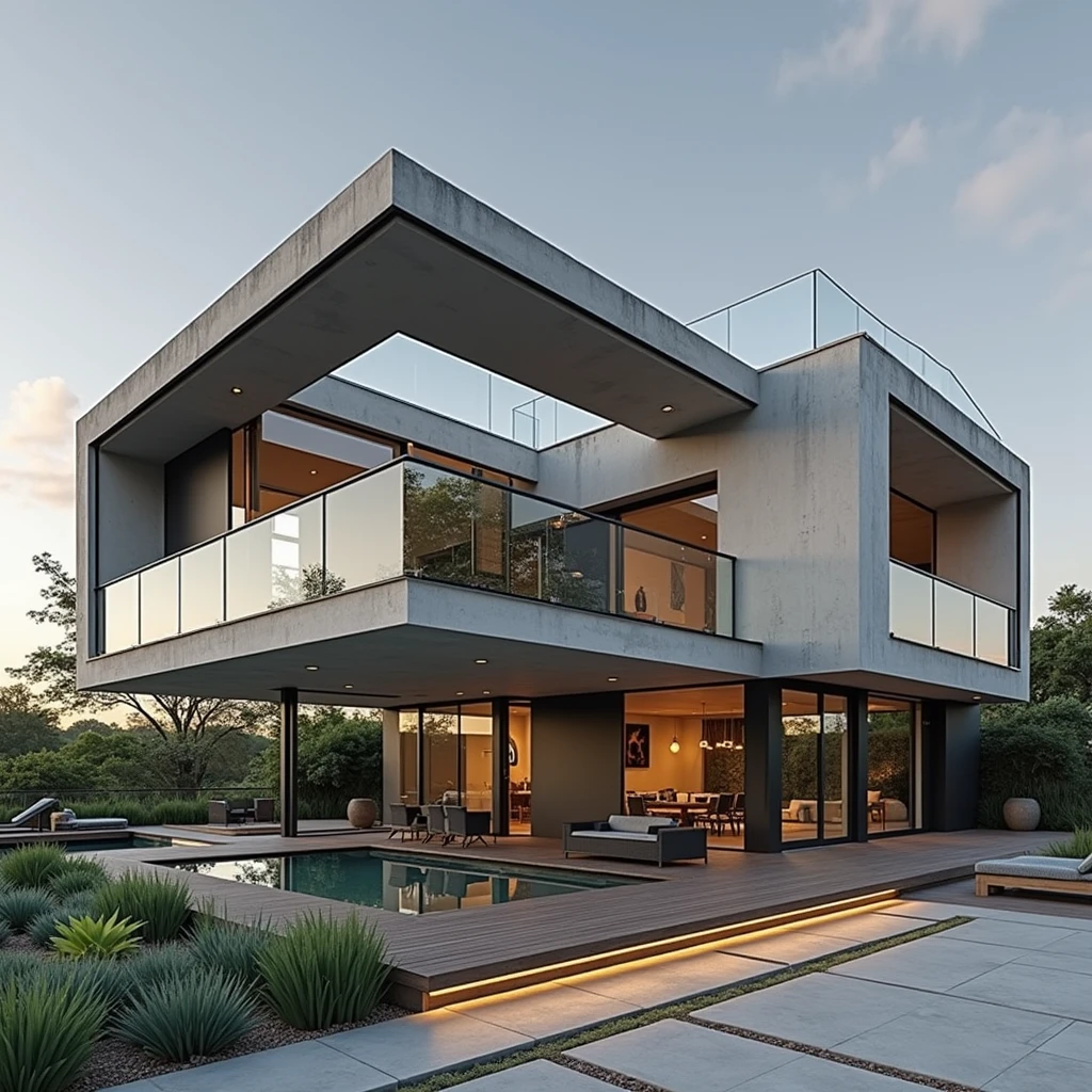 RAW photo,Masterpiece, high quality, best quality, realistic, super detailed, exterior, a modern style villa(Minimalist lines,Architecture: Using minimalist lines and shapes learn clearly. Materials: Combination of glass, concrete, and natural wood. Open space: The living room and kitchen are connected, using large glass doors to take advantage of natural light. Outdoor area: Small swimming pool and green garden with native plants. modern:1.2),(white wall:1.1), glass railings, glass windows, trees, grass , ((sunset)), sky, vivid colors, (high detail :1.2), 8k uhd, dslr, soft light, high quality, film grain, Fujifilm XT3Negative