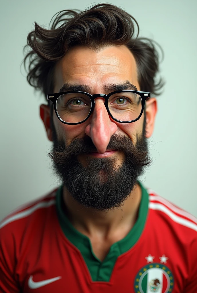 (photoralism) snob man with glasses, ugly beard, long nose as Pinocchio, and an America (Mexican soccer team) jersey