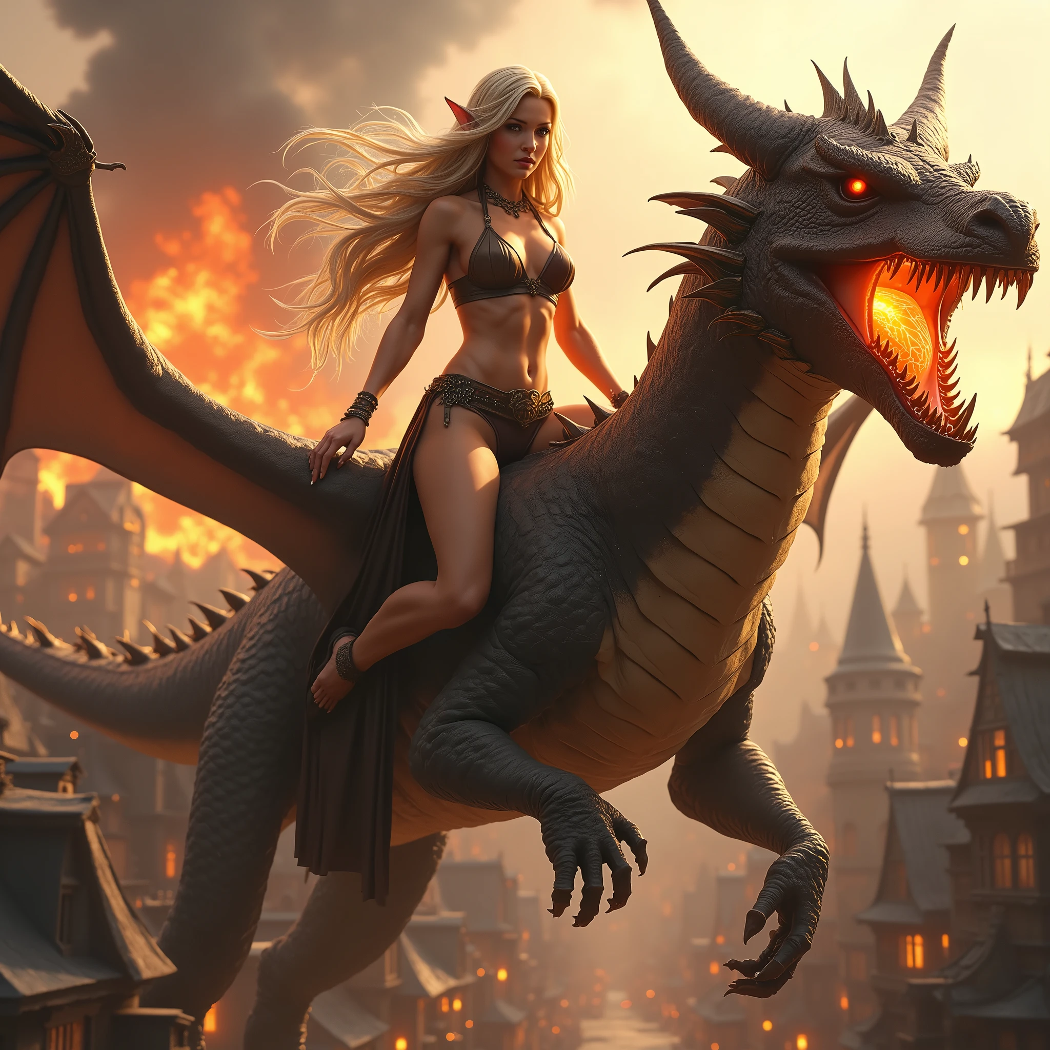create a beautiful blonde elf woman with a full body (((wearing a leather bikini))), she must be riding a dragon, the dragon will be breathing fire in a Medieval city