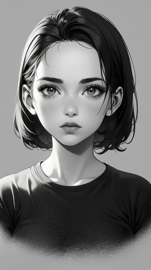 1 boyish girl, solo, sharp eyes, monochrome, greyscale, short black hair, portrait, white T-shirt, Thin eyebrows, closed mouth, looking at viewer, graphite \(medium\), detailed lips, hatching \(texture\), without makeup, bangs, upper body, (best illustration), (best quality), (very detailed), (masterpiece), expressionless,