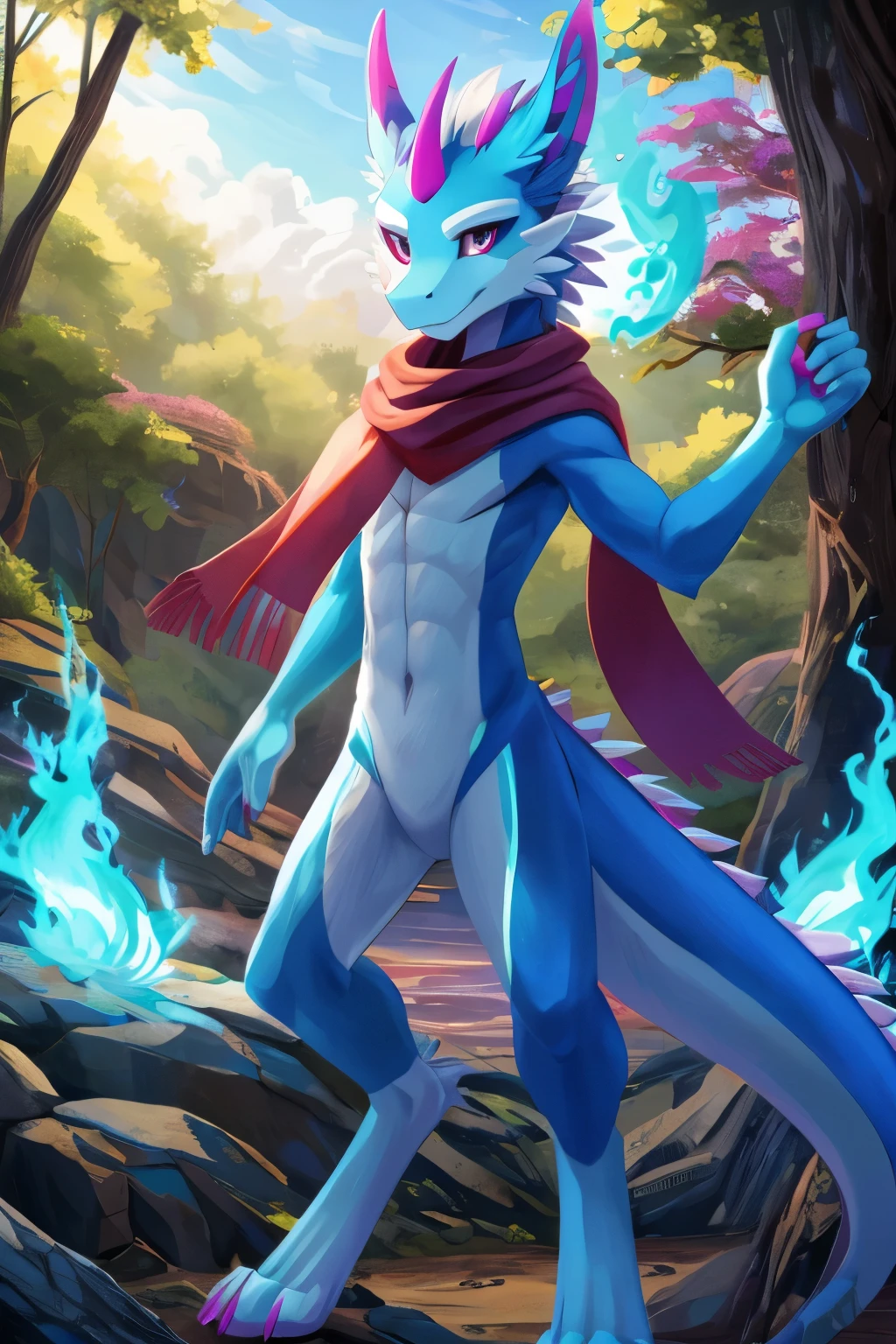(anime), (front facing), (looking at the camera), slim furry white fire dragon, blue fire magic, secondary body colors, (blue, magenta and cyan undertones), long muzzle, neck and tail fur, digitigrade, creative horns, feathers, (wearing only a scarf), nature background, full body