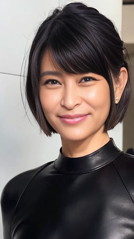 最high quality, 8k, Vibrant, Sharp focus, high quality, High resolution, Middle-aged women, Mature Woman, 5, (Whole Body Ezbian), (High heels face detail, Highly detailed eyes, ((big 1.6))、((Black leather clothing))、Random Hairstyles、Bright smile、