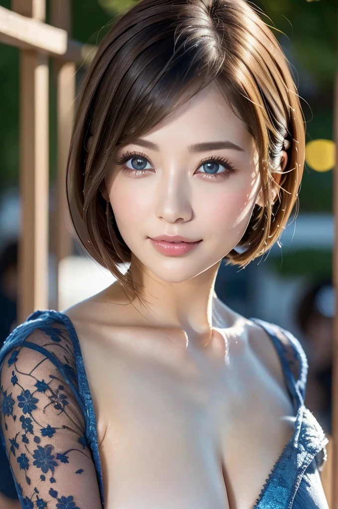 (masterpiece: 1.2, Highest quality), (Fine and beautiful eyes: 1.2), Focus Only, (Highly detailed CG Unity 8k wallpaper, masterpiece, Highest quality, Ultra high definition), (Detailed Background), (Fine and beautiful eyes ) face, Beautiful and beautiful eyes, One Girl, alone, Big Breasts, High Contrast, Beautiful and sexy woman, Adult, (Very delicate and beautiful), (In the city, blue sky), Looking at the audience, Beautiful detailed sparkle, Cleavage, ,bare breasts,